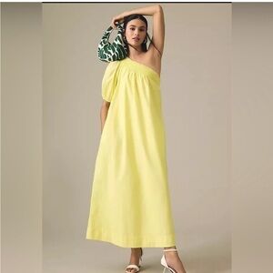 ANTHROPOLOGIE MAEVE SZ M ONE SHOULDER EMBROIDER MAXI DRESS YELLOW POPLIN NWOT